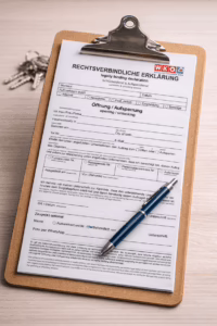 Rechtsverbindliche Erklärung zur Türöffnung auf Klemmbrett mit Kugelschreiber – Aufsperrprinz Wien